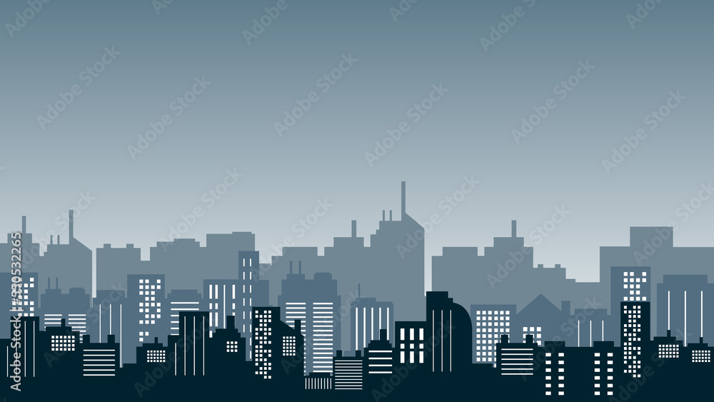 Reflection city vector background with apartments and mall