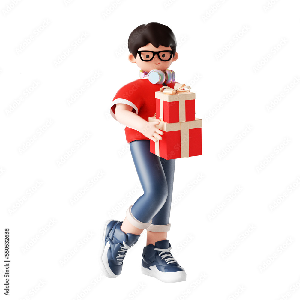 3D Asian boy in red jacket and jean carrying gift boxes 3D Asian boy in red jacket and jean carrying gift boxes
