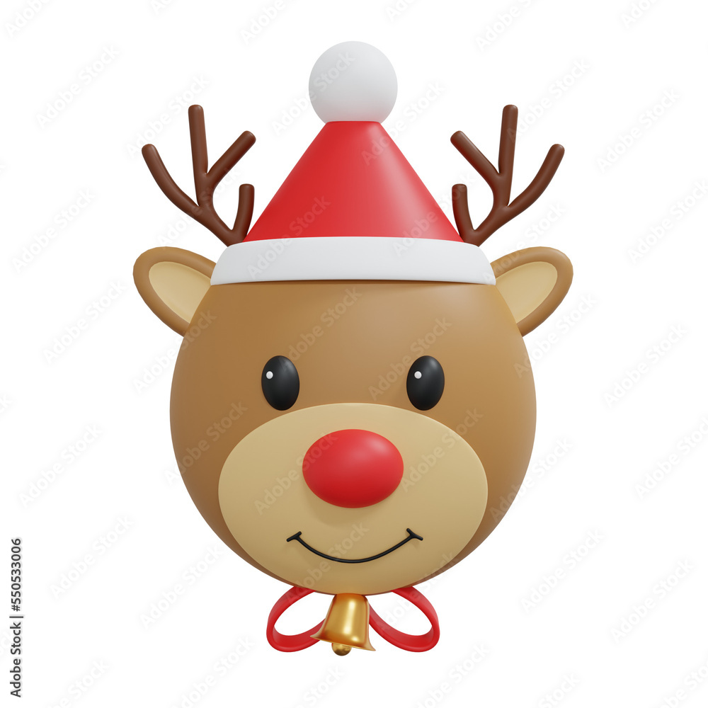 Naklejka premium 3D Reindeer face wearing Santa hat