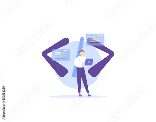 full stack developer, programmer, website and software development. IT staff. a worker or employee who works and coding or creating programs using a laptop. illustration concept design. element