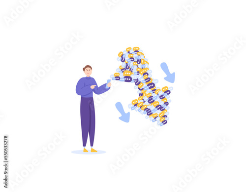 buzzers and chat spam. lead public opinion to bring down opponents through social media. a man sends a lot of messages to lower someone's good image. illustration concept design. graphic elements