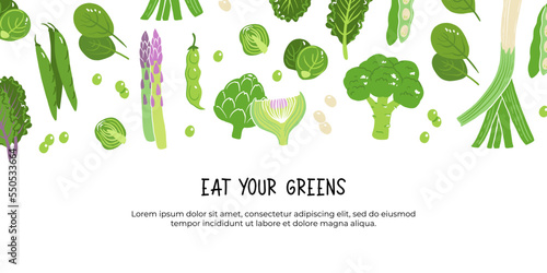 Eat your greens. Various tasty healthy green vegetables and leaves. Hand drawn vector set. Colored illustration in trendy style. Flat design. All elements are isolated