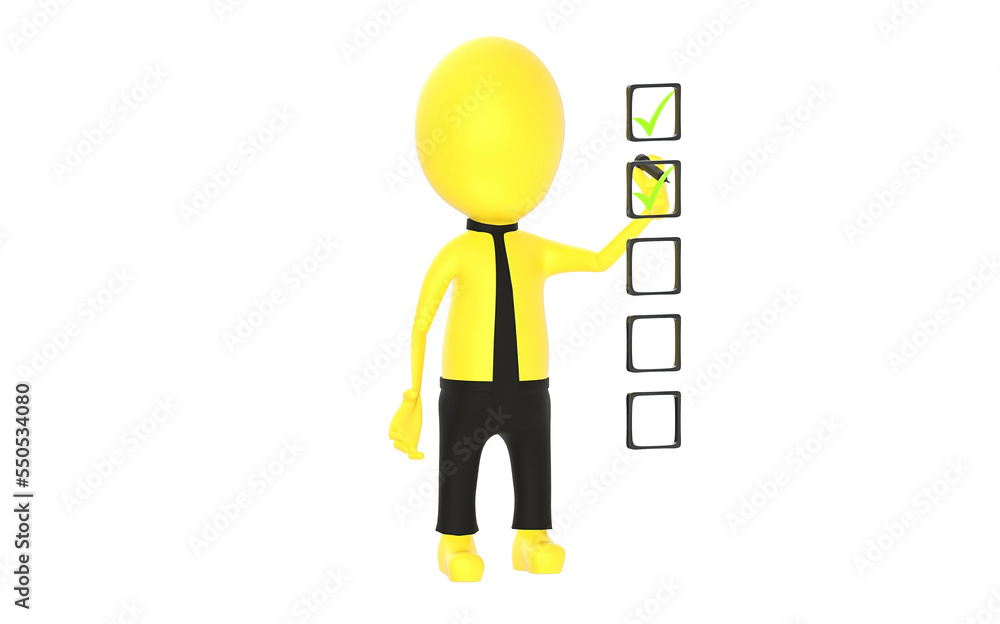 3d yellow character marking each column with tick marks using his marker 3d yellow character marking each column with tick marks using his marker