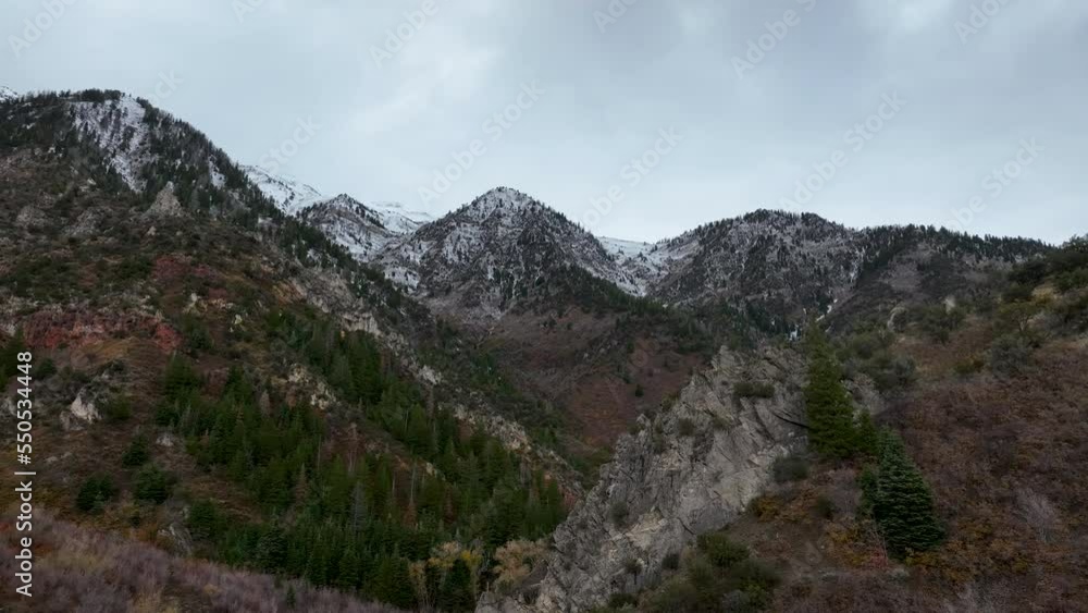 Aerial Mount Nebo Utah snow canyon. Beautiful season winter snow on Wasatch mountain forest. Mount Nebo, Central Utah. Canyon valley and trails. Travel destination. Aerial Mount Nebo Utah snow canyon. Beautiful season winter snow on Wasatch mountain forest. Mount Nebo, Central Utah. Canyon valley and trails. Travel destination.