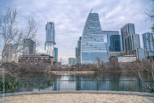 Colorado river with reflection of the buildings view from Butler Metro Park- Austin  Texas