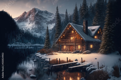AI generated image of a log cabin in snow-covered woods	