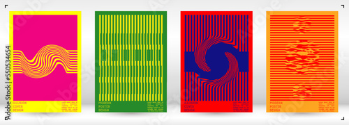 Geometrical Poster Design with Optical Illusion Effect.  Modern Psychedelic Cover Page Collection. Colourful Wave Lines Background. Fluid Stripes Art. Swiss Design. Vector Illustration for Brochure.