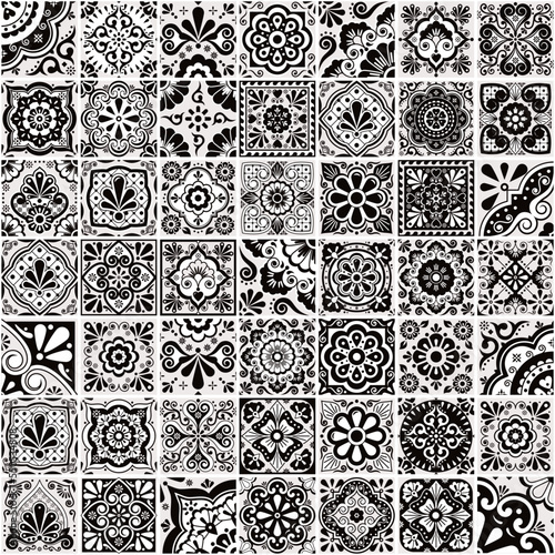 Mexican talavera tiles vector seamless pattern- big 49 different black and white design set, perfect for wallpaper, textile or fabric print 