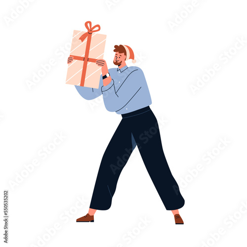 Happy man holding Christmas present box in wrapping and bow. Employee in Santa hat with Xmas holiday gift in hands. Male with festive surprise. Flat vector illustration isolated on white background