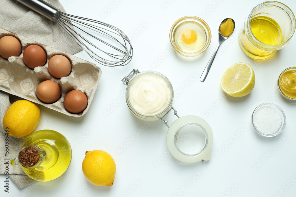 Concept of egg sauce, mayonnaise, top view Concept of egg sauce, mayonnaise, top view