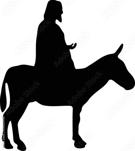 Palm Sunday,  Christian Easter Concept, Triumphal entry,
Silhouette of Jesus at over the donkey.