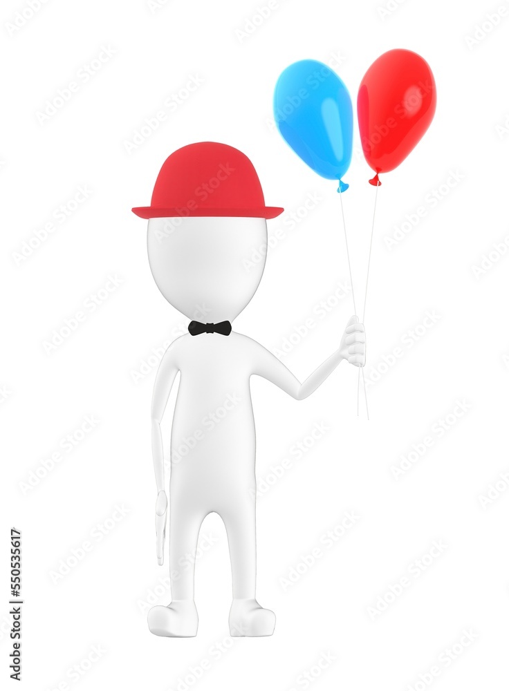 3d character , man wearing a cap and holding ballons 3d character , man wearing a cap and holding ballons