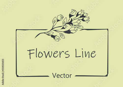 Botanical floral emblem in minimalist style with plant elements. Frame with rose branch drawn by lines. Vector illustration with empty space fot text.