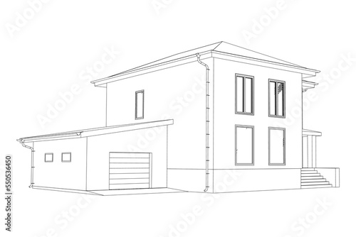 3D suburban house model. Drawing of the modern building. Cottage project on white background. Vector blueprint.