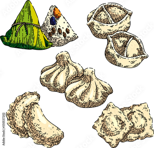 dumpling chinese set hand drawn vector. gyoza fried, rice ravioli manti khinkali, korean asian food dumpling chinese sketch. isolated color illustration