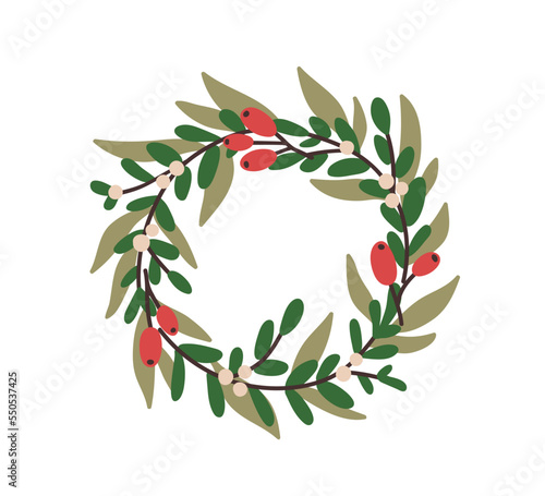 Christmas wreath, holiday circle decoration with red berries, leaf. Winter Xm...