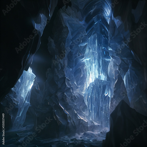 blue and white cave background. Fantasy Abstract Ice Crystal Background Illustration. Poster. Computer Graphic. Novel Cover. Fantasy Landscape Background