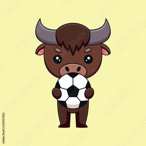 cute buffalo holding soccer ball cartoon mascot doodle art hand drawn concept vector kawaii icon illustration