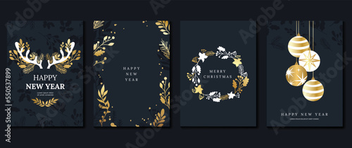 Luxury christmas and happy new year holiday cover template vector set. Decorative gradient gold winter leaf, bauble ball, antler. Design illustration for card, corporate, greeting, wallpaper, poster.