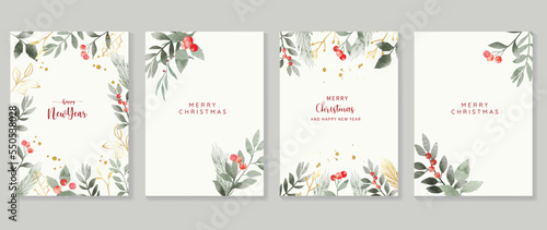 Luxury christmas and happy new year holiday cover template vector set. Watercolor winter leaf branch  holly  gold drop on white background. Design for card  corporate  greeting  wallpaper  poster.