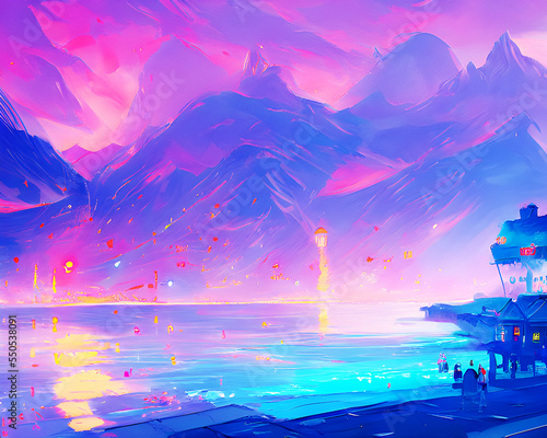 Violet Seaside Volcanoes - Vibrant Landscape Art
