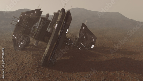 Rendering of a crashed alien space ship wreck on martian surface of the planet