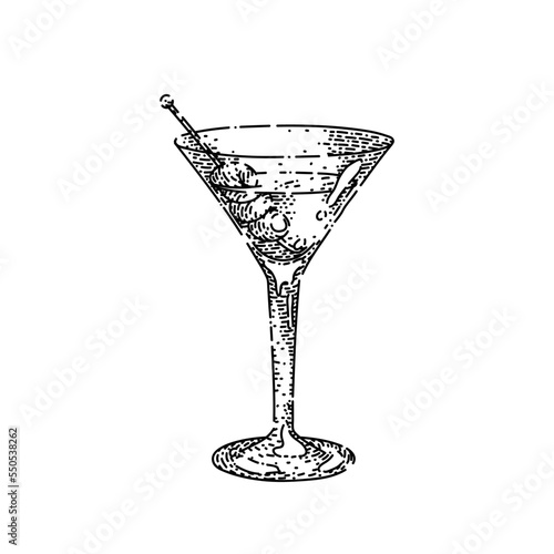 martini cocktail hand drawn vector. gin glass, drink vodka, bar dry olive martini cocktail sketch. isolated black illustration
