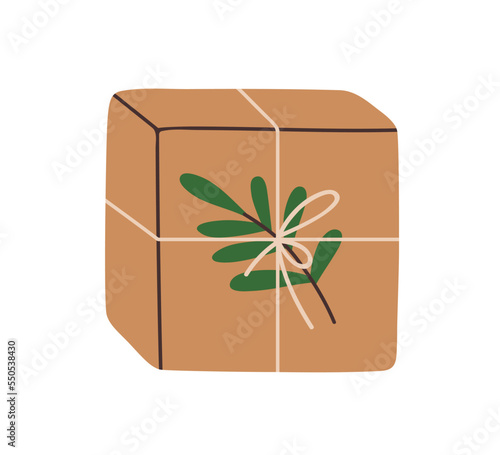 Craft present box in brown paper. Holiday gift in eco kraft wrapping with twine bow, string and leaf branch decoration in trendy rustic style. Flat vector illustration isolated on white background