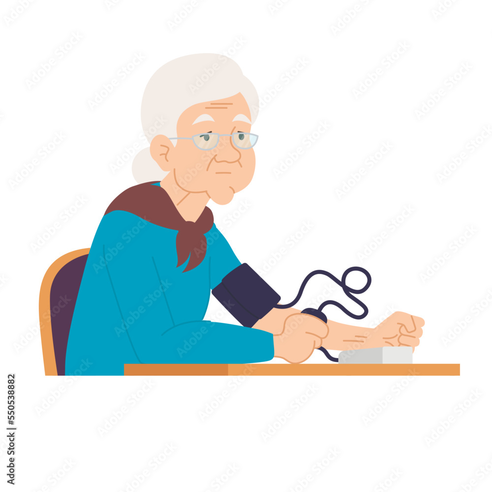an elderly woman measures blood pressure with a tonometer. Grandma doesn't feel well and measures her blood pressure. vector illustration.