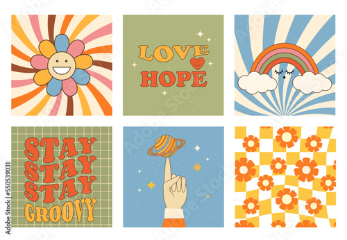 Retro groovy set card 60s-70s style. Daisy flowers, smile face, checkerboard and cell pattern. Love and hope, rainbow. Stay groovy. Hand with planet. Hippie aesthetic background.