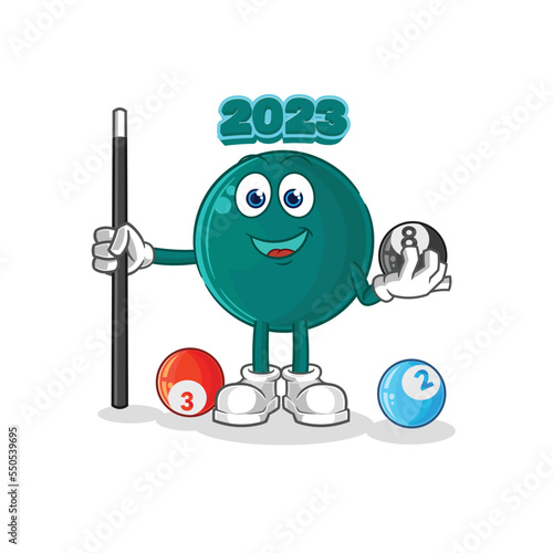 2023 plays billiard character. cartoon mascot vector