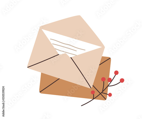 Paper letter in brown kraft envelope for Christmas holiday. Xmas craft mail, winter correspondence. Festive post messages, red berry branch decor. Flat vector illustration isolated on white background