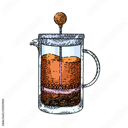 french press hand drawn vector. coffee cafe making, maker glass, hot cup french press sketch. isolated color illustration