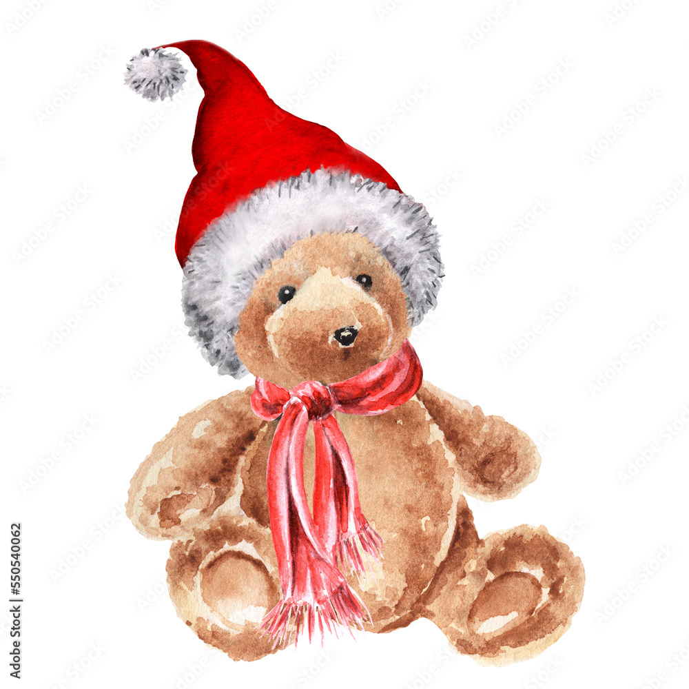 Watercolor Christmas teddy bear in santa hat Watercolor Christmas teddy bear in santa hat