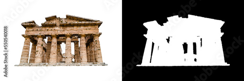 Isolated  GreekTemple with clipping path and alpha channel on a transparent picture background.  Paestum, Italy