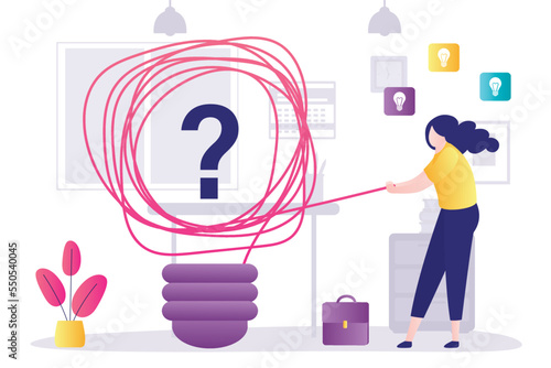 Businesswoman trying to unravel chaotic tangle and come up with new idea. Brainstorm, concept. Difficulty of choosing right path, creativity. Messy lines in light bulb, brainstorming process.