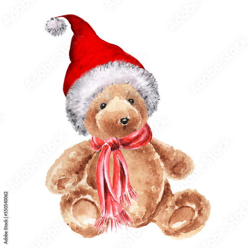 Watercolor Christmas teddy bear in santa hat