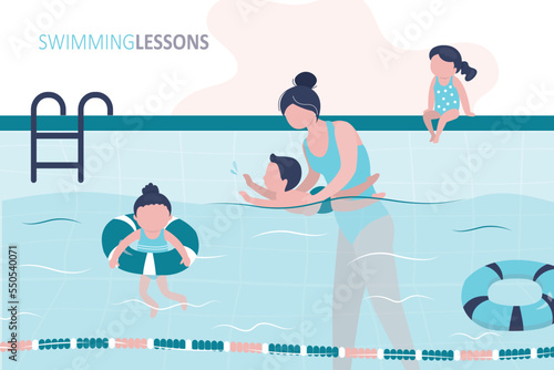 Coach woman teaching children, swimming class. School kids group in swimming pool. Happy small kids characters in poolside, wearing rubber rings, training, learning to swim.