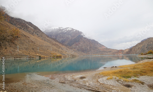 Panoramic view of lake Iskanderkul in the Fann mountains of Tajikistan 
