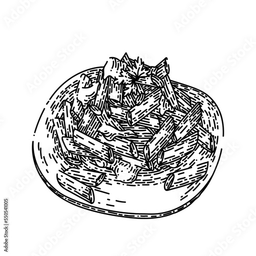 penne pasta hand drawn vector. italian cooked food, penny delicious dish penne pasta sketch. isolated black illustration