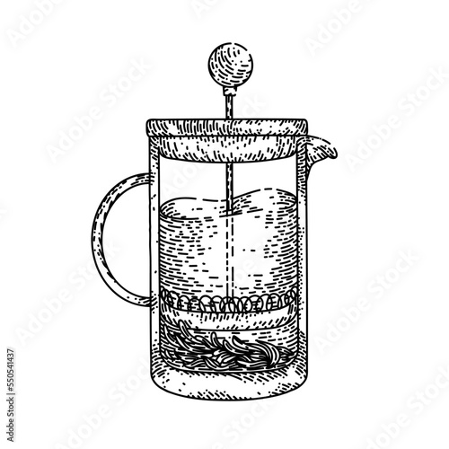 french press hand drawn vector. coffee cafe making, maker glass, hot cup french press sketch. isolated black illustration