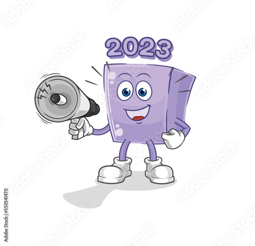 new year holding hand loudspeakers vector. cartoon character