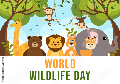 World Wildlife Day on March 3rd to Raise Animal Awareness, Plant and Preserve Their Habitat in Forest in Flat Cartoon Hand Drawn Template Illustration