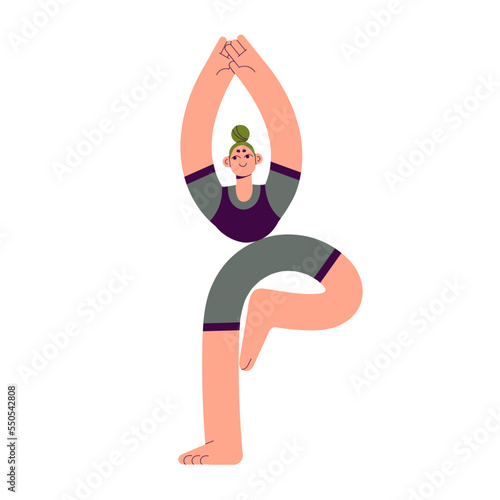 Girl standing in Tree pose, Vrikshasana. Young happy woman training, doing exercise in posture. Character during gymnastic, physical workout. Flat vector illustration isolated on white background