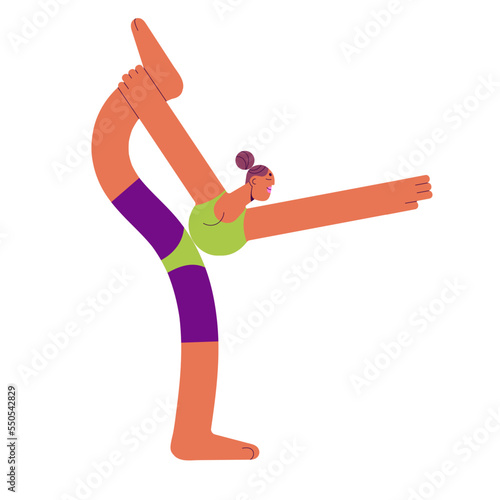 Girl in Dancer pose, yoga asana. Young woman exercising in Natarajasana posture. Healthy female training in Lord of the Dance, body position. Flat vector illustration isolated on white background