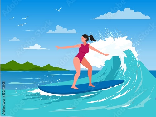 Canvas Print woman on the beach with a surfboard