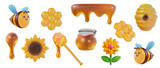 3d cartoon honey liquid, bee, hive, flower, honeycomb in vector realistic funny style. Collection modern plasticine or glossy clay design object. Sweet colorful illustration on white background.