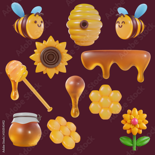 3d cartoon honey liquid, bee, hive, flower, honeycomb in vector realistic funny style. Collection modern plasticine or glossy clay design object. Sweet colorful illustration on minimal background.