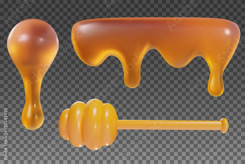 3d cartoon honey liquid and yellow stick in vector realistic funny style. Set cute art element. Trendy plasticine or glossy clay design object. Sweet colorful illustration on transparent background.