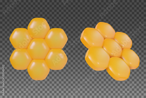 3d cartoon honeycomb in vector realistic funny style. Set cute art element. Modern plasticine or glossy clay design object. Sweet colorful illustration on transparent background.